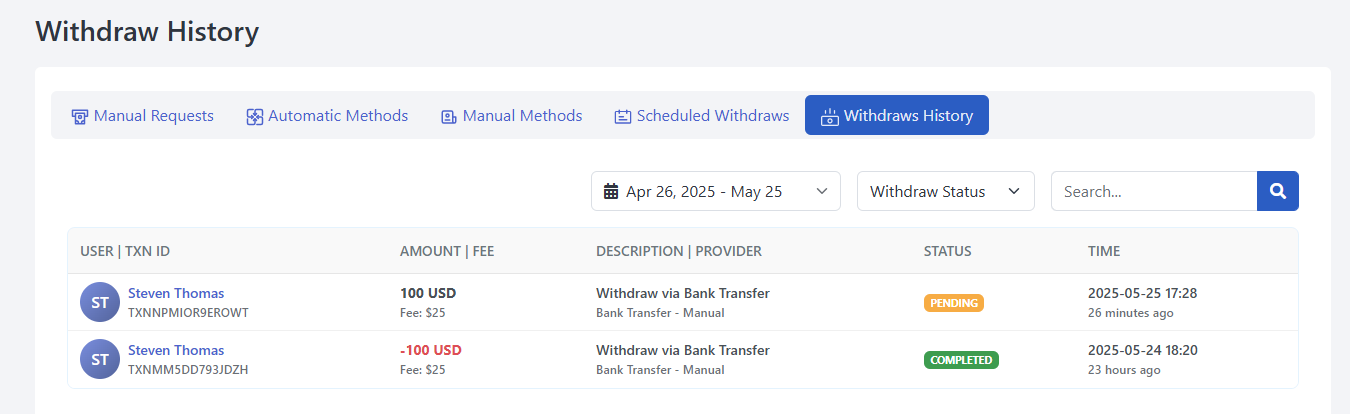 Withdraw History